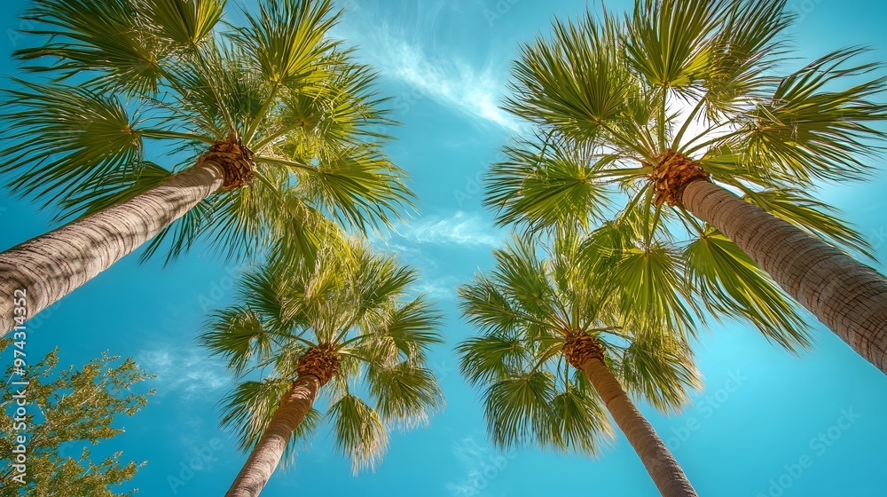 A low angle view of four palm trees against a bright blue sky. A low angle view of four palm trees against a bright blue sky.