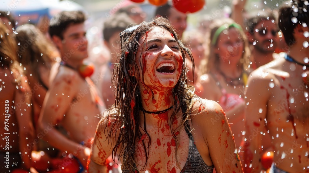 La Tomatina event, tomato-filled streets, energetic crowd La Tomatina event, tomato-filled streets, energetic crowd