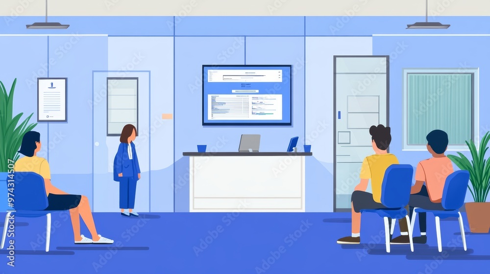 Modern Virtual Waiting Room Interface on Computer Monitor for Online Appointment Booking and Customer Service