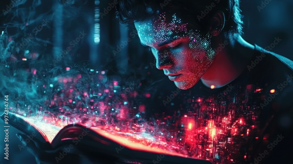 Digital Dracula's Tale: Cyborg Vampire Unraveling Spooky Legends on Neon Holographic Pages in Dark Ambiance Digital Dracula's Tale: Cyborg Vampire Unraveling Spooky Legends on Neon Holographic Pages in Dark Ambiance