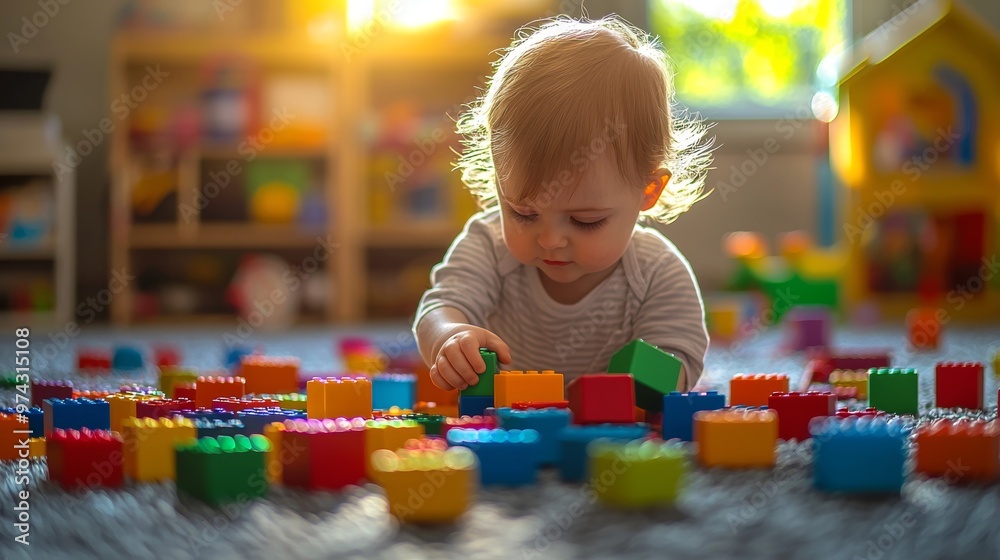 Cute Toddler Playing With Colorful Building Blocks Cute Toddler Playing With Colorful Building Blocks