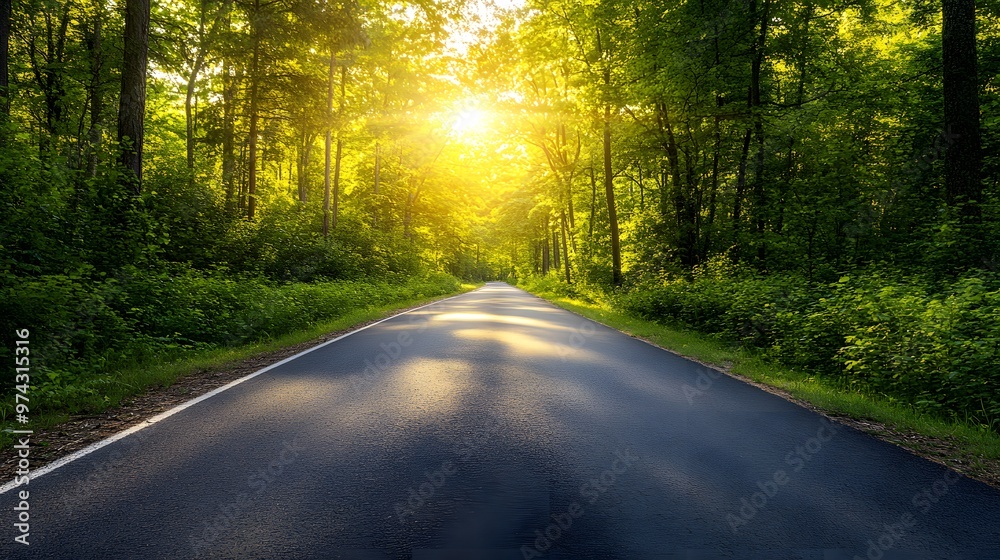 Obraz premium A long, straight road winds through a forest, with the sun shining brightly through the trees.