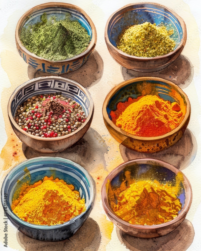 Six bowls of various colorful spices on a white background.
