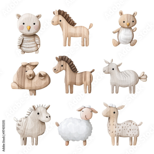 Wooden Animal Toys Collection on isolated transparent cutout PNG Background