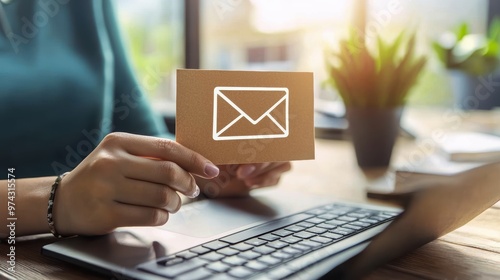 Woman Holding Envelope Icon on Laptop