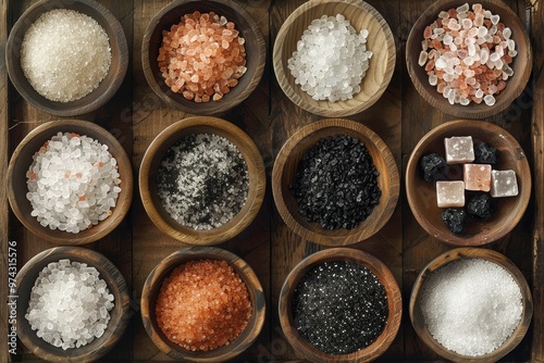 Variety of salt types in wooden bowls, including sea salt, rock salt, Himalayan salt, and black salt. photo