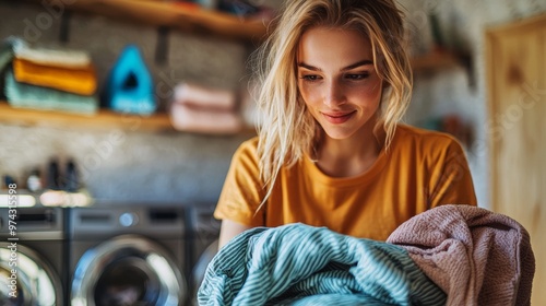 Wallpaper Mural Happy Woman Folding Laundry in a Modern Laundry Room Torontodigital.ca