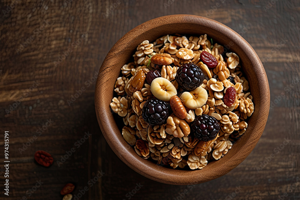 Top-Down View of a Healthy Granola Breakfast in a Rustic Wooden Bowl for a Wholesome and Nutritious Start Top-Down View of a Healthy Granola Breakfast in a Rustic Wooden Bowl for a Wholesome and Nutritious Start