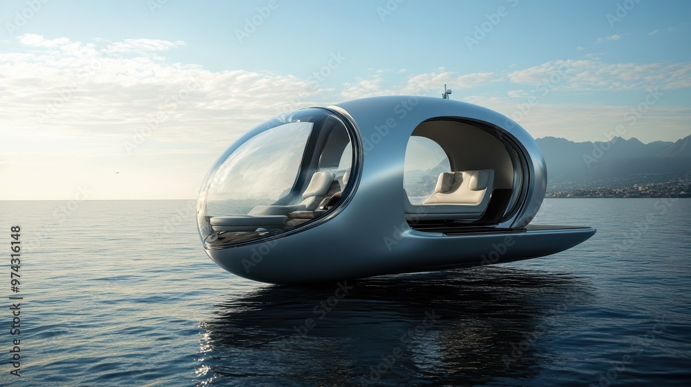 Obraz premium Futuristic Floating Capsule Boat Gliding on Serene Lake
