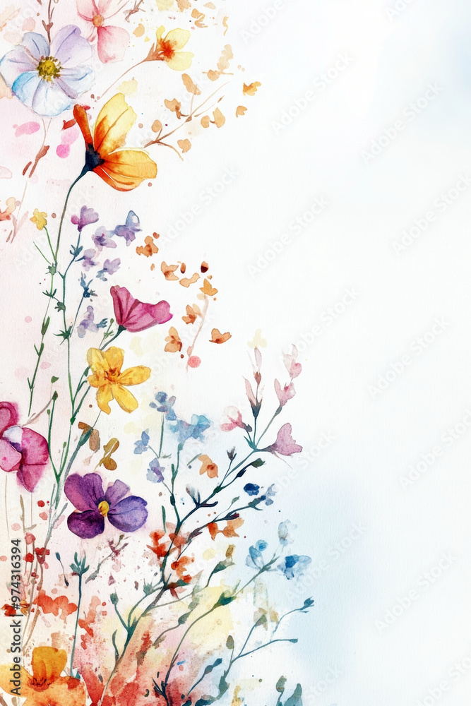 Template with colorful little flowers on a white background. Watercolor illustration. Thank You Day. Vertical banner. Copy space. Happy Valentine's Day. Mother's Day. Woman Day. For invitation, card Template with colorful little flowers on a white background. Watercolor illustration. Thank You Day. Vertical banner. Copy space. Happy Valentine's Day. Mother's Day. Woman Day. For invitation, card