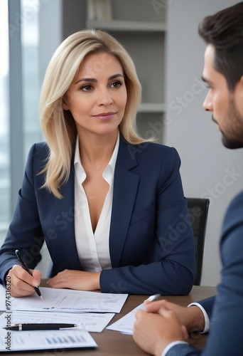 Serious business woman sitting in the office while having a conversation