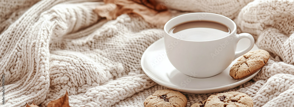 Composition with warm sweaters, a cup of coffee, cookies and autumn decor on a light background Composition with warm sweaters, a cup of coffee, cookies and autumn decor on a light background