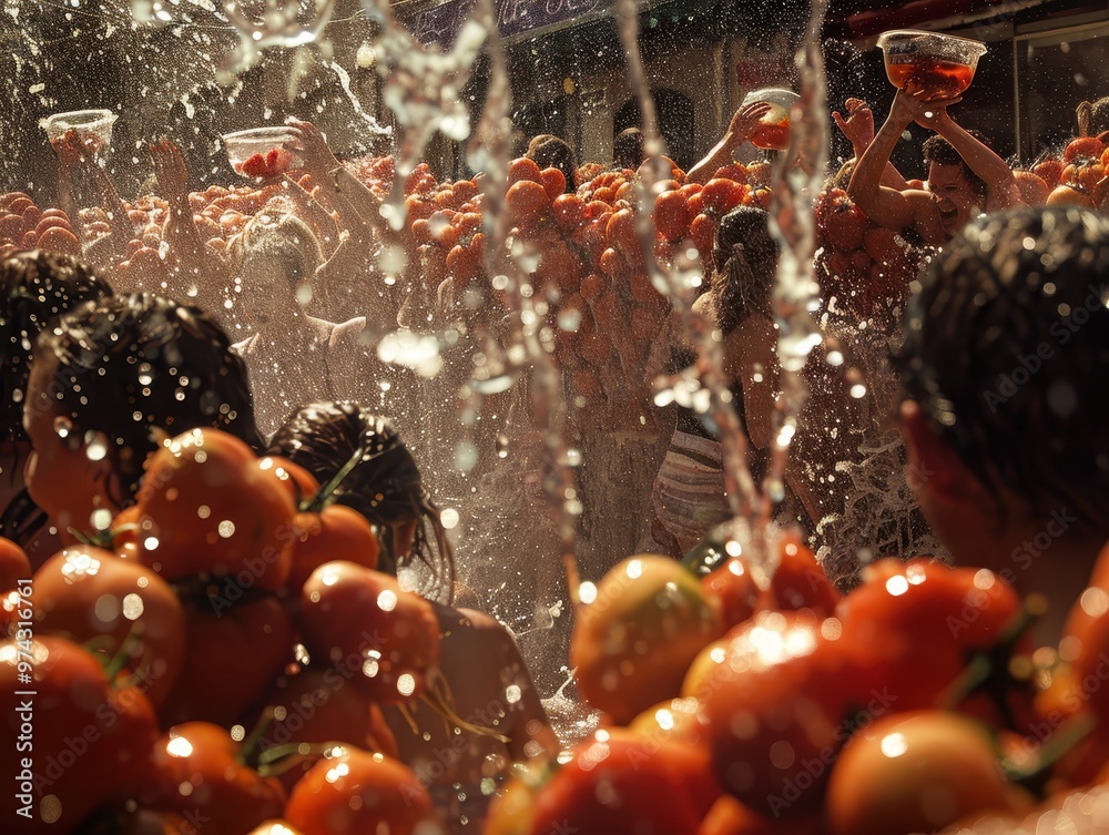 La Tomatina, soaked in tomato juice, lively crowd La Tomatina, soaked in tomato juice, lively crowd