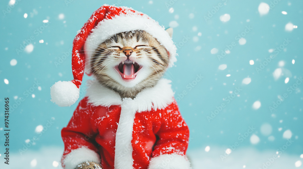 Fototapeta premium Cute funny kitten in Santa Claus costume hat sitting in snow laughing on blue background. Holiday sales commercial communication banner with copy space