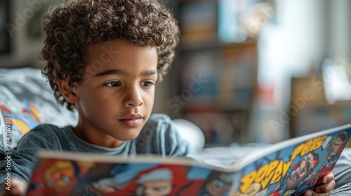 Young Boy Reading Comic Book On Bed