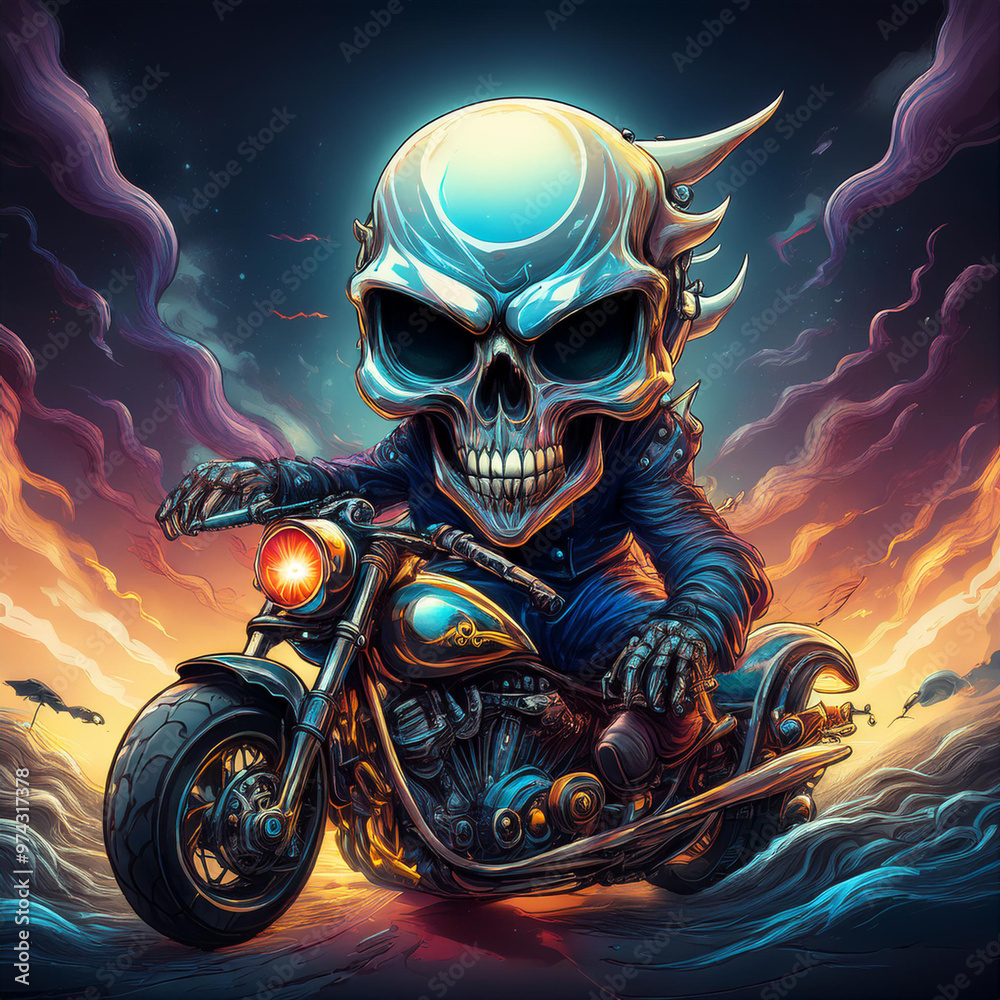 Ilustración de Motorista fantasma con cabeza de calavera en la noche con fondo de colores Ilustración de Motorista fantasma con cabeza de calavera en la noche con fondo de colores