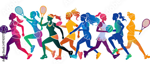 A group of women are running in a line, with some holding tennis rackets