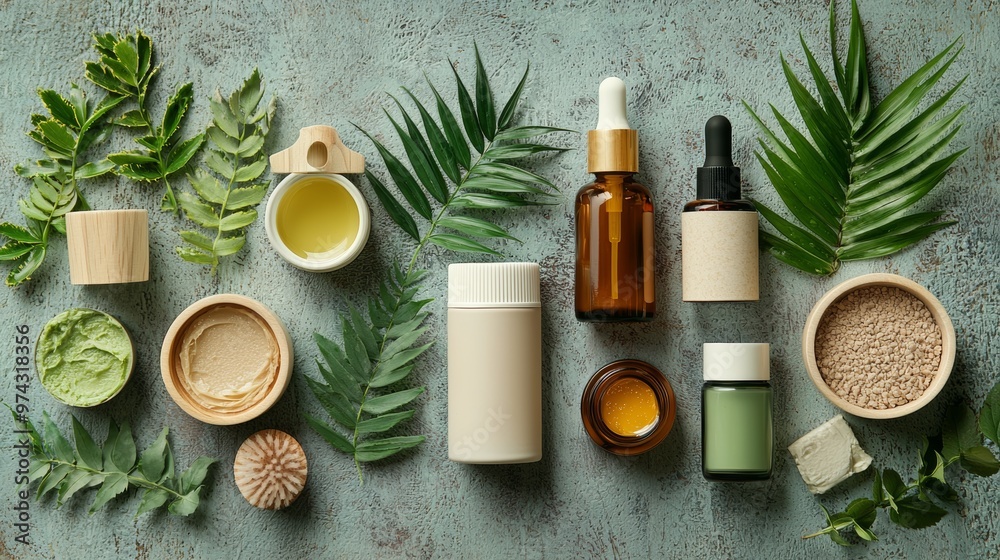 Natural Beauty Products with Green Leaves on Blue Background Natural Beauty Products with Green Leaves on Blue Background