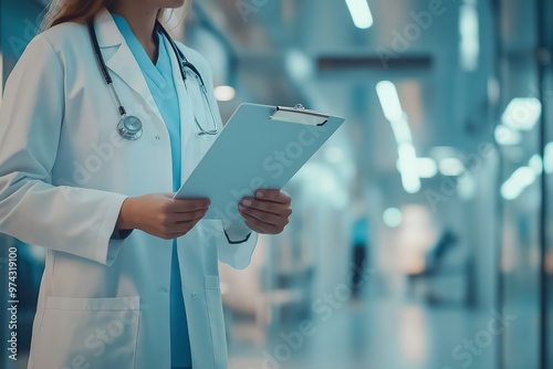 Female doctor is standing in a hospital corridor holding a clipboard and reading medical records