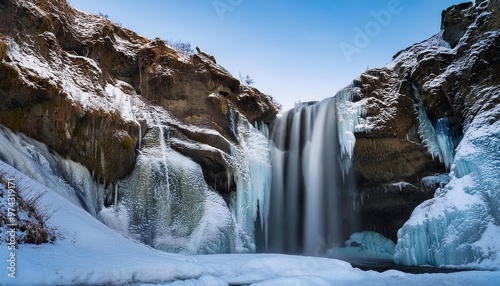 Frozen waterfall with snow-covered ledges