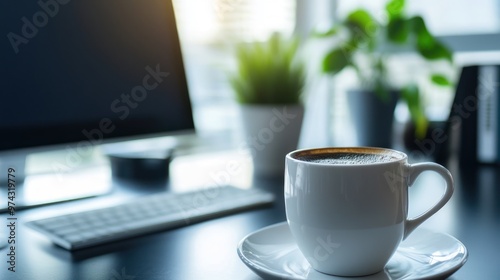 A cup of coffee on a desk with a computer and plants