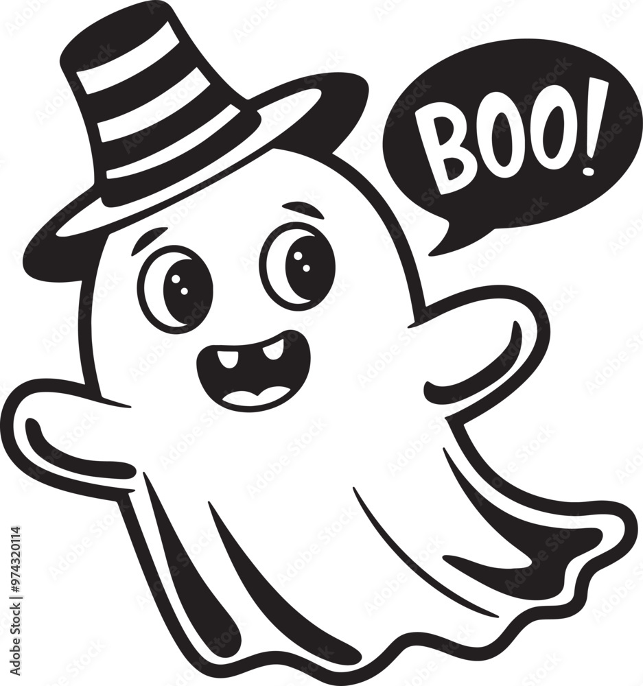 Cute Halloween Ghost outline Vector illustration on white Background.