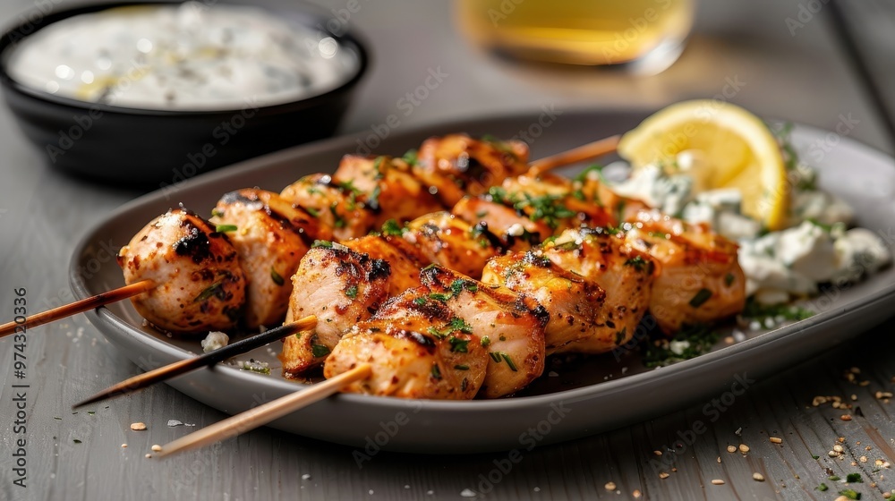 A grilled chicken souvlaki skewer with tzatziki sauce and feta cheese. A grilled chicken souvlaki skewer with tzatziki sauce and feta cheese.