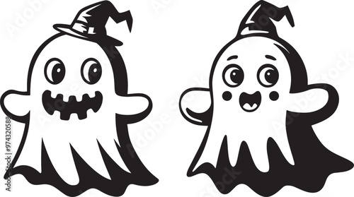 Cute Halloween Ghost Silhouette Vector Icon illustration on white Background.