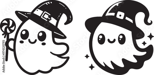 Cute Halloween Ghost Silhouette Vector Icon illustration on white Background.