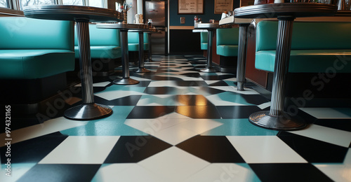 Retro diner interior teal booths checkered floor vintage americana aesthetic stylish timeless design nostalgic 50s inspired cozy inviting midcentury atmosphere classic pop culture iconic photo