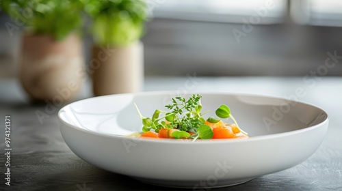 A modern twist on minestrone soup, served in a deconstructed style.