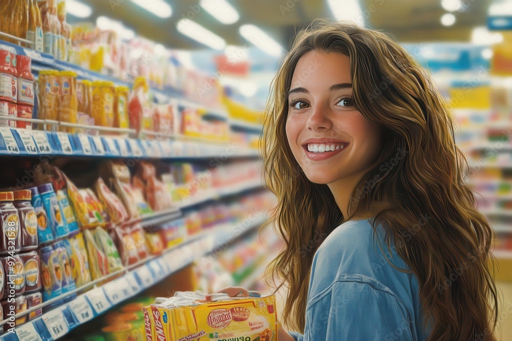 Smiling young woman shopping in a supermarket aisle, holding groceries. Bright and lively shopping experience. Smiling young woman shopping in a supermarket aisle, holding groceries. Bright and lively shopping experience.