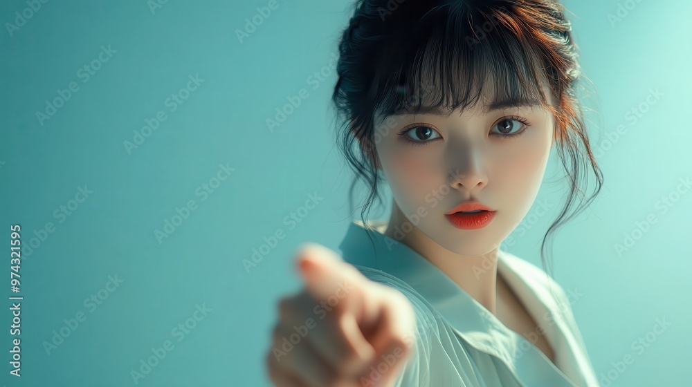 Woman with a serious expression pointing directly at the camera, contrasting with the soft blue background, creating a sense of urgency.