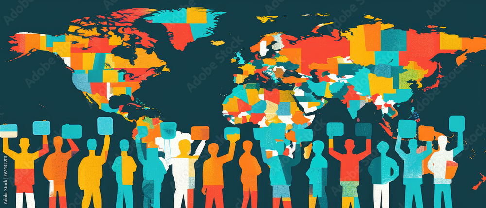 A group of people holding signs in a colorful world map