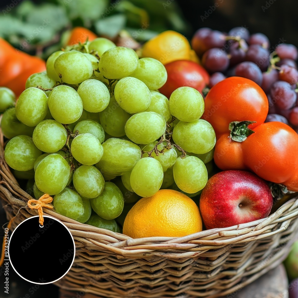 A vibrant basket filled with fresh fruits, including grapes, apples, lemons, and tomatoes, perfect for a healthy lifestyle. A vibrant basket filled with fresh fruits, including grapes, apples, lemons, and tomatoes, perfect for a healthy lifestyle.