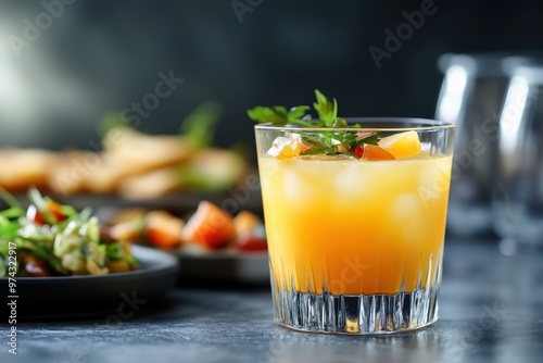 A refreshing cocktail garnished with fruit and herbs, accompanied by snacks on a table.