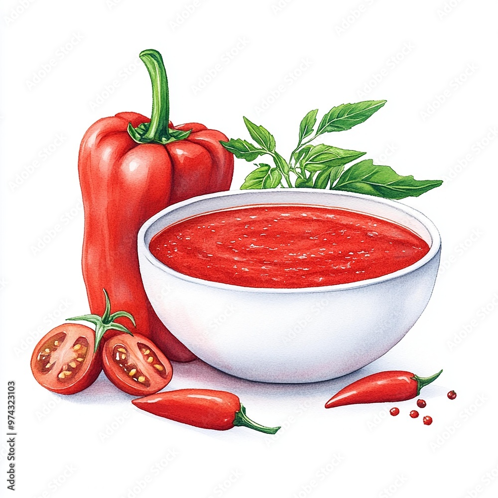 Fresh ingredients including red pepper, tomatoes, and basil next to a bowl of vibrant tomato sauce, perfect for culinary inspiration. Fresh ingredients including red pepper, tomatoes, and basil next to a bowl of vibrant tomato sauce, perfect for culinary inspiration.