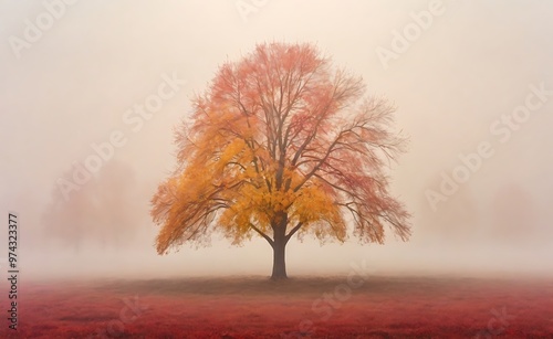 Gentle minimal autumn landscape, a tree that is in the fog, whose leaves of warm red and yellow colors are slowly falling. Change of seasons. 