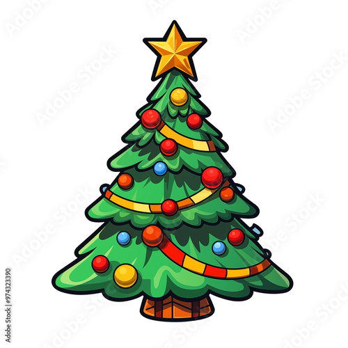 A colorful sticker cartoon Christmas tree decorated with ornaments and presents, transparant png photo