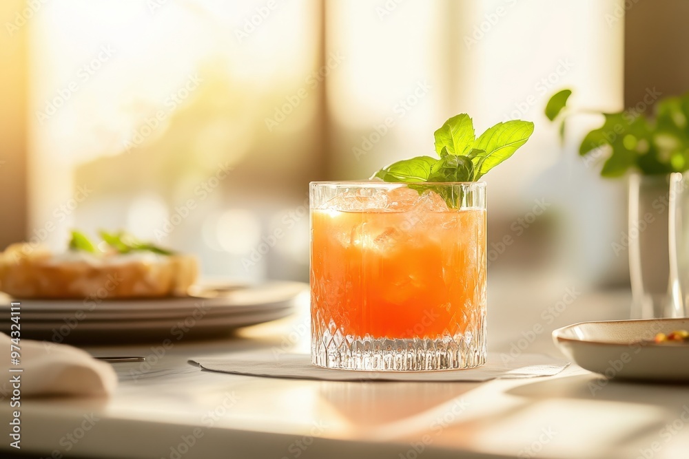 A refreshing cocktail garnished with mint, set in a cozy, sunlit dining environment.