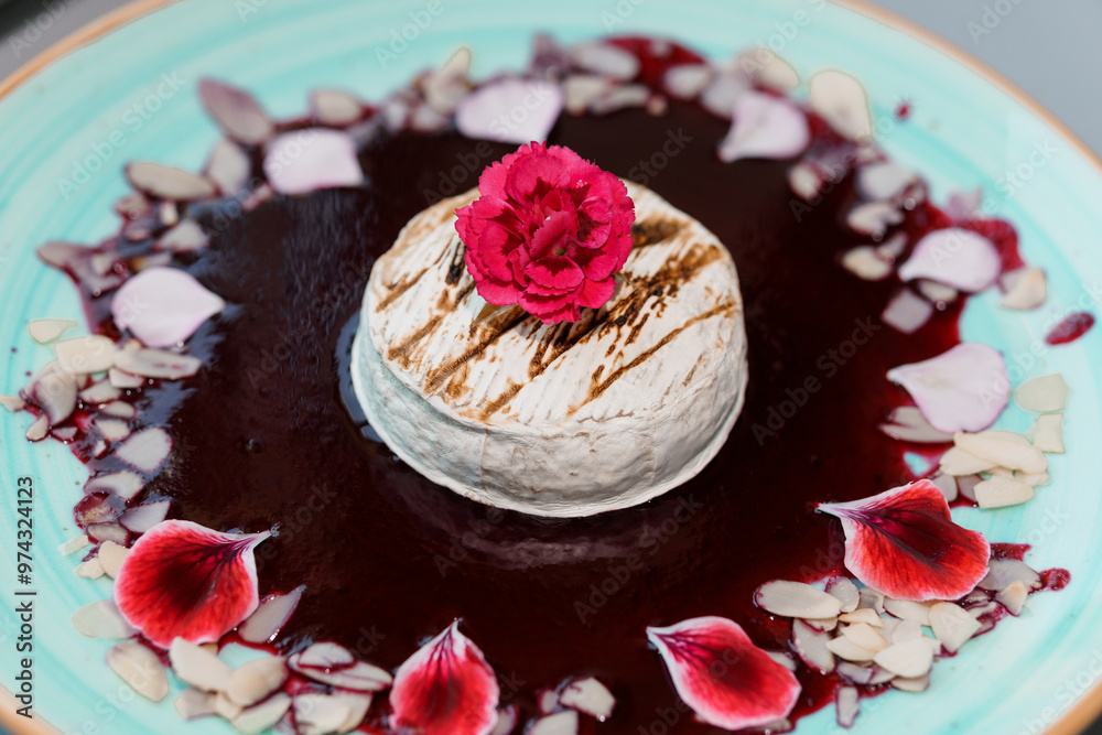 Gourmet Artistry in a Cheesecake Dessert with Rich Sauce, Edible Flowers, and Almond Slices on a Ceramic Plate Gourmet Artistry in a Cheesecake Dessert with Rich Sauce, Edible Flowers, and Almond Slices on a Ceramic Plate