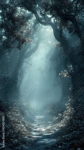 Mystical Enchanted Forest with Gnarled Trees and Sunbeams Breaking Through Foggy Mist photo