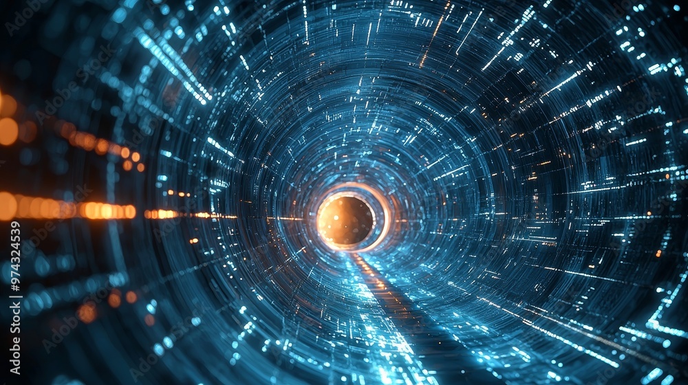 Technological Fusion: Abstract 8k Tunnel Background with Intricate Algorithmic Patterns Merging into Digital Networks, Symbolizing Transformation and Integration. Technological Fusion: Abstract 8k Tunnel Background with Intricate Algorithmic Patterns Merging into Digital Networks, Symbolizing Transformation and Integration.