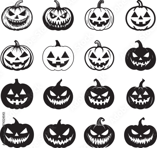 Collection of Scary carving pumpkins jack-o-lantern vector linear black