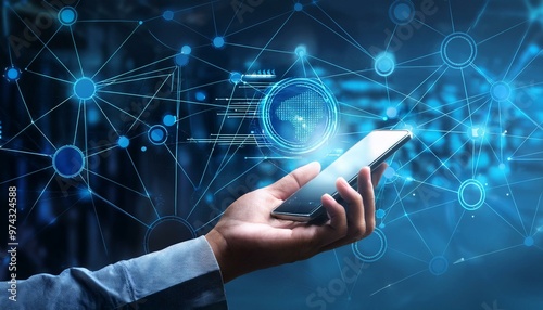 hand using smartphone with digital technology data communication network and telecommunication concept photo