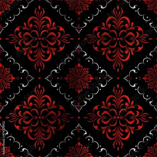 Red and white damask pattern on black background