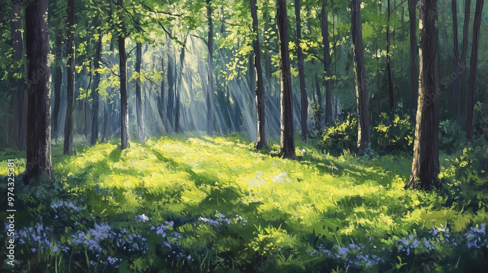 Obraz premium Tranquil forest bathed in sunlight, with vibrant green groundcover creating a calming woodland scene.