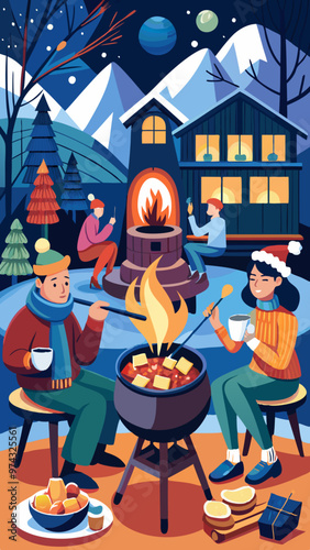A group of people are gathered around a fire pit, enjoying a meal together
