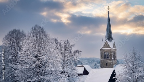 Snow-covered church steeple in a winter village photo