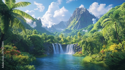 Tranquil green island oasis with lush trees, towering mountains, vibrant grass, and cascading waterfalls. 3D artwork depicting a picturesque natural paradise.